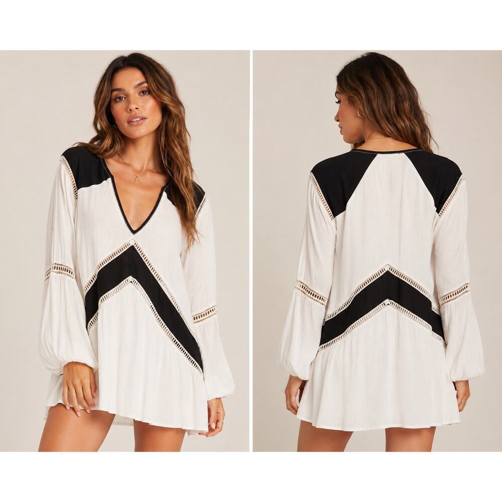 Amuse Society Casa Blanca Cutout Detail Boho Tunic Dress Coastal Resort NWT S